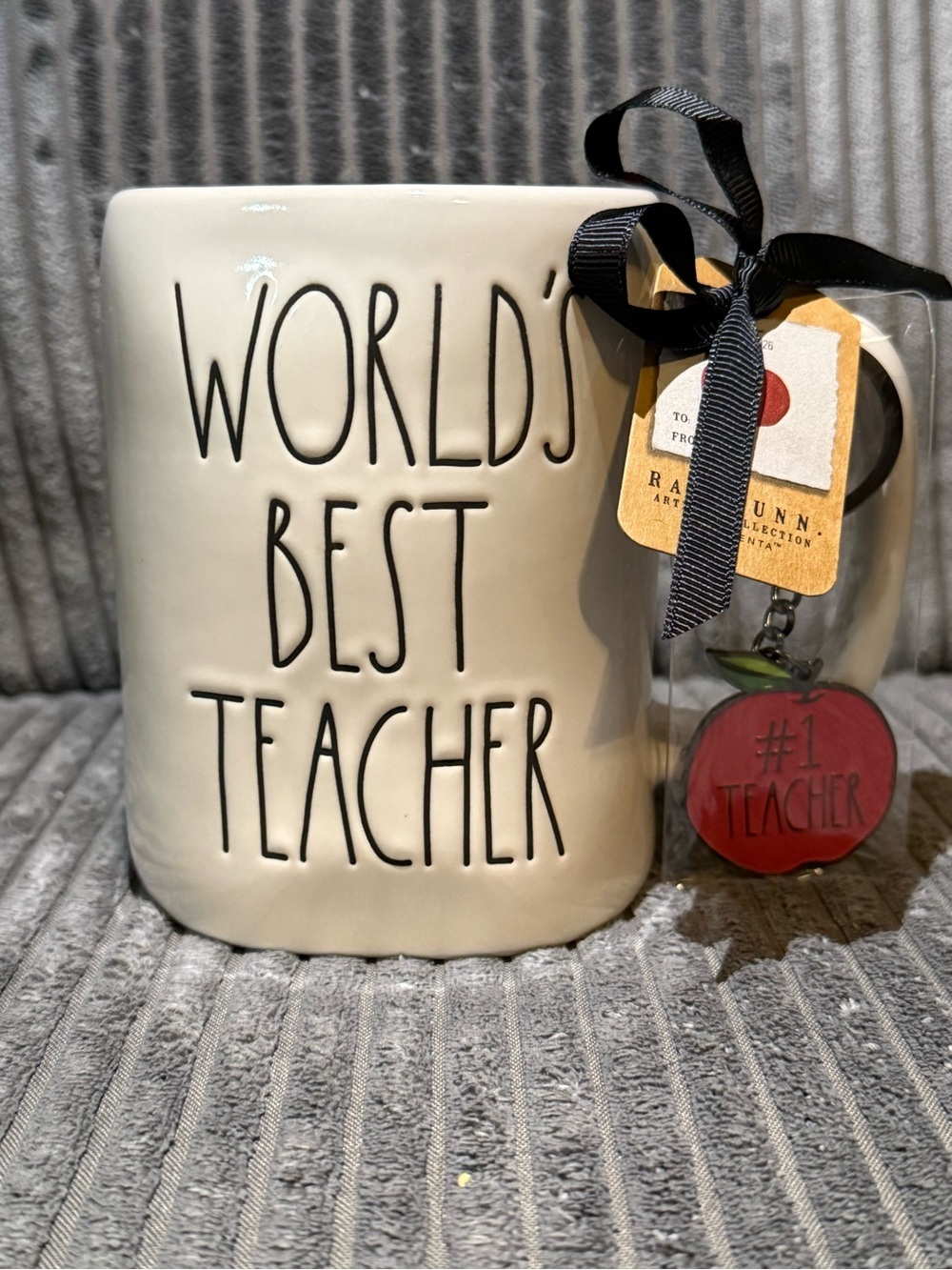 Rae Dunn White Mug WORLD’S BEST TEACHER with Red Apple "#1 Teacher" Keychain